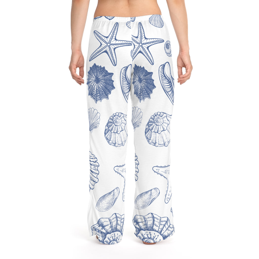 Seashell Print Women’s Pajama Pants in a soft coastal blue palette.