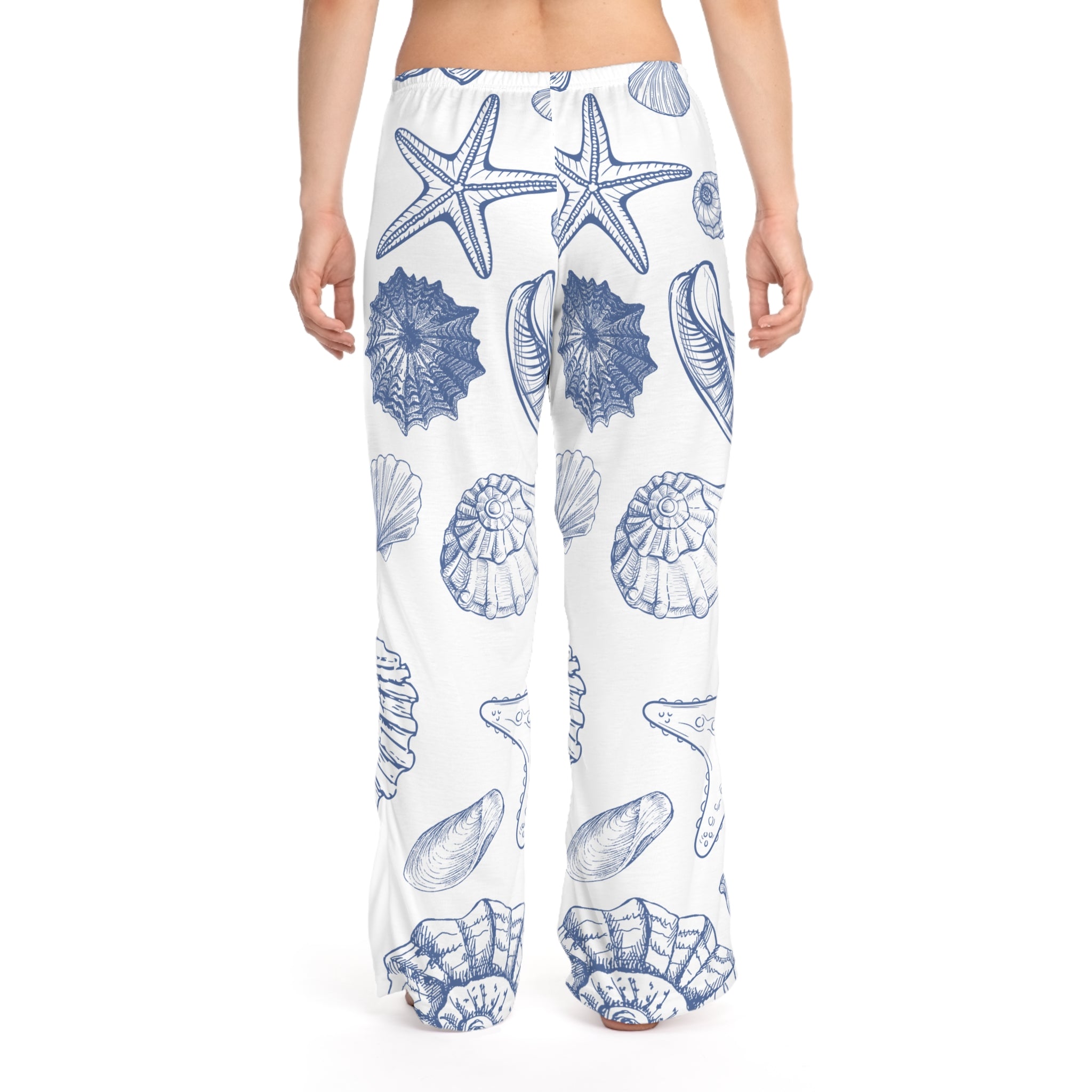Seashell Print Women’s Pajama Pants in a soft coastal blue palette.