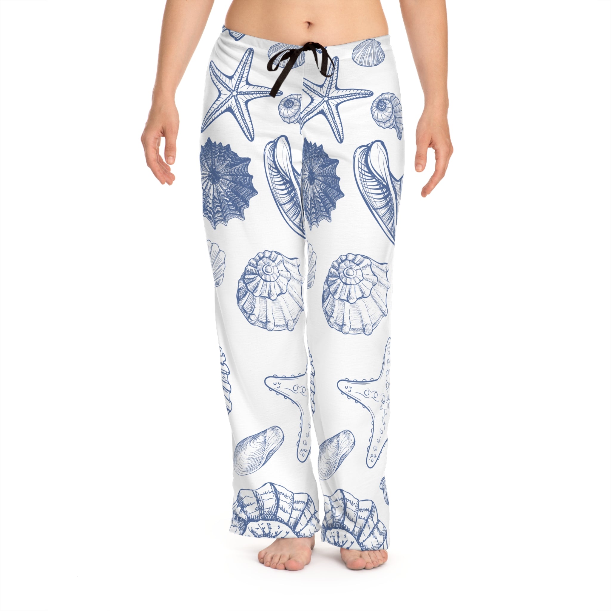 Seashell Print Women’s Pajama Pants in a soft coastal blue palette.