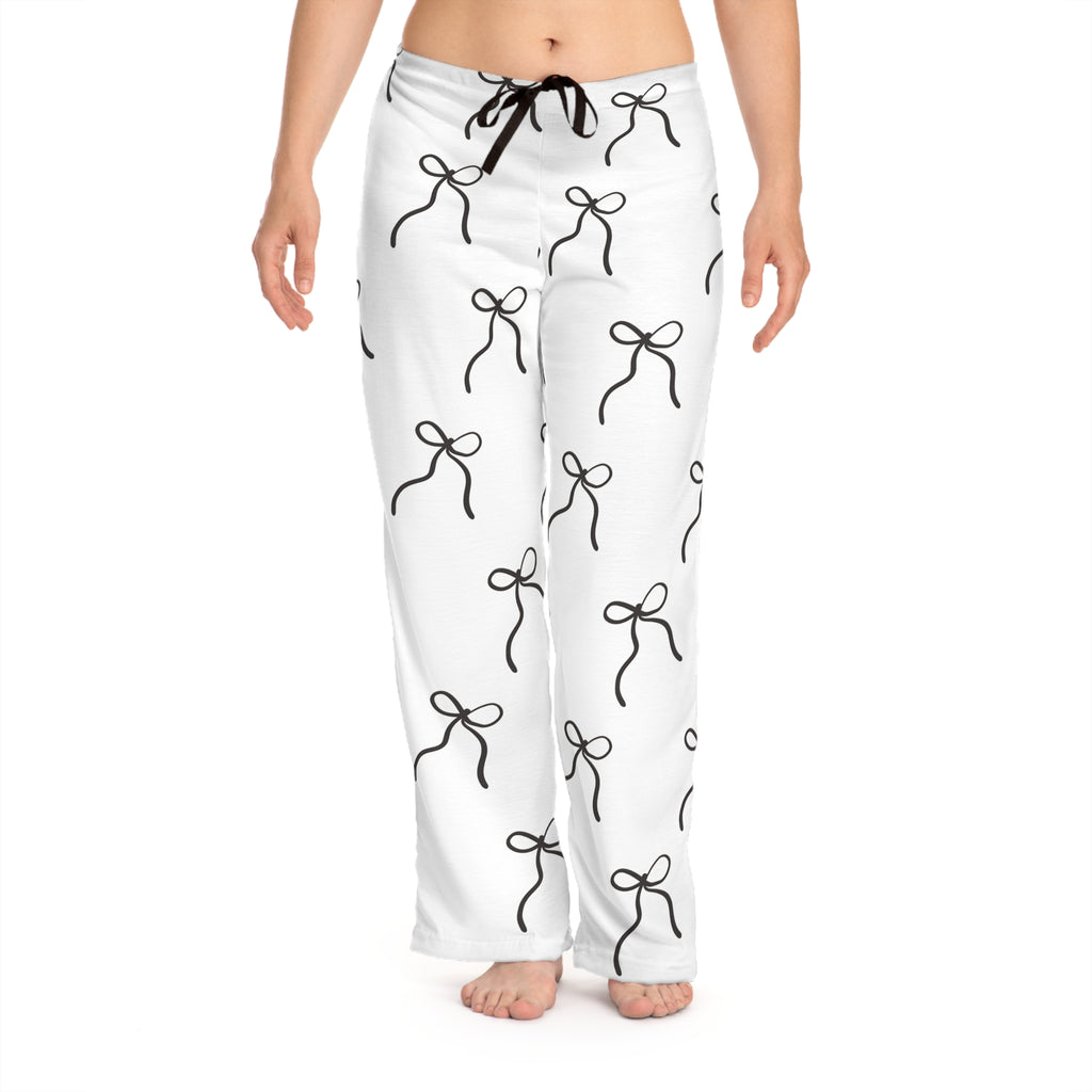 Bow Pattern Women’s Pajama Pants Soft White Lounge Pants Black Bow Print Cute Sleepwear Cozy Loungewear Aesthetic Pajama Bottoms