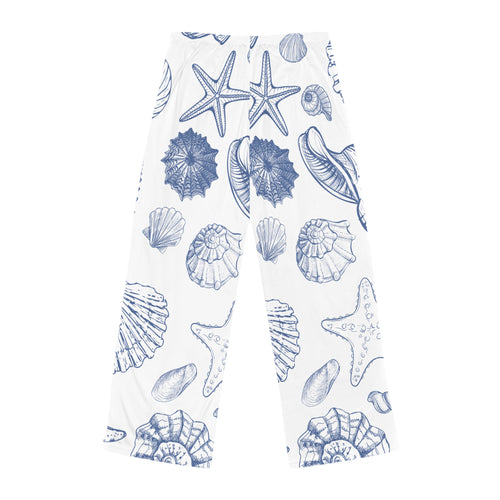 Seashell Print Women’s Pajama Pants in a soft coastal blue palette.