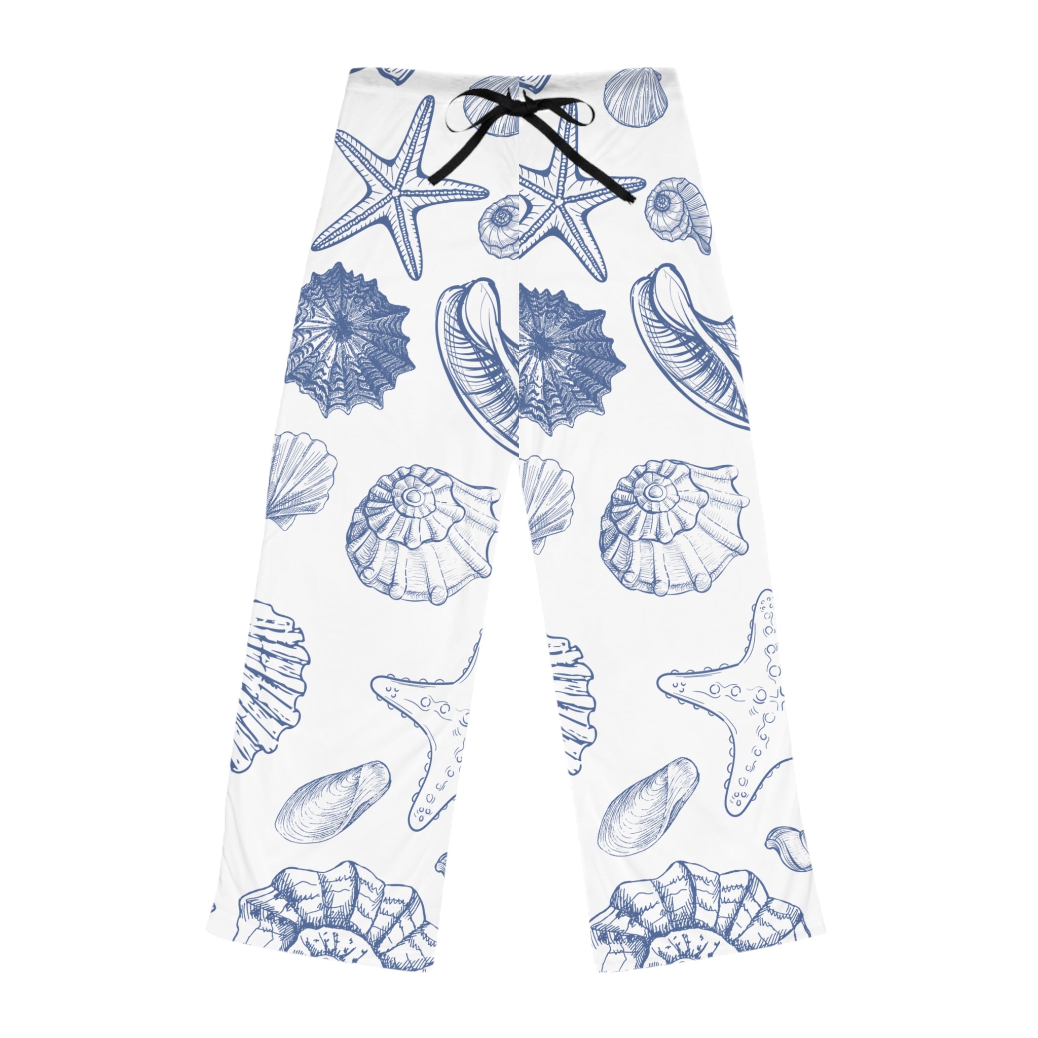 Seashell Print Women’s Pajama Pants in a soft coastal blue palette.